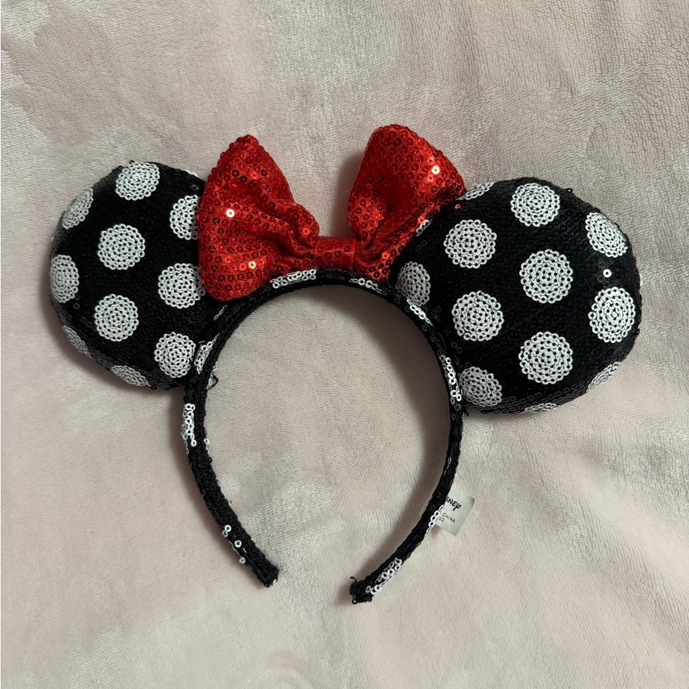 Disney Black and White Polka Dot Minnie Mouse Ears with Red Bow